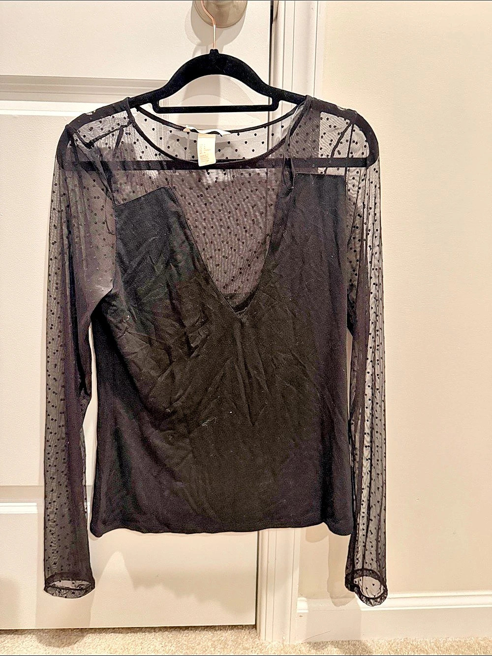 H&Medium Black Polka Dot Mesh Long Sleeve Blouse Size Medium